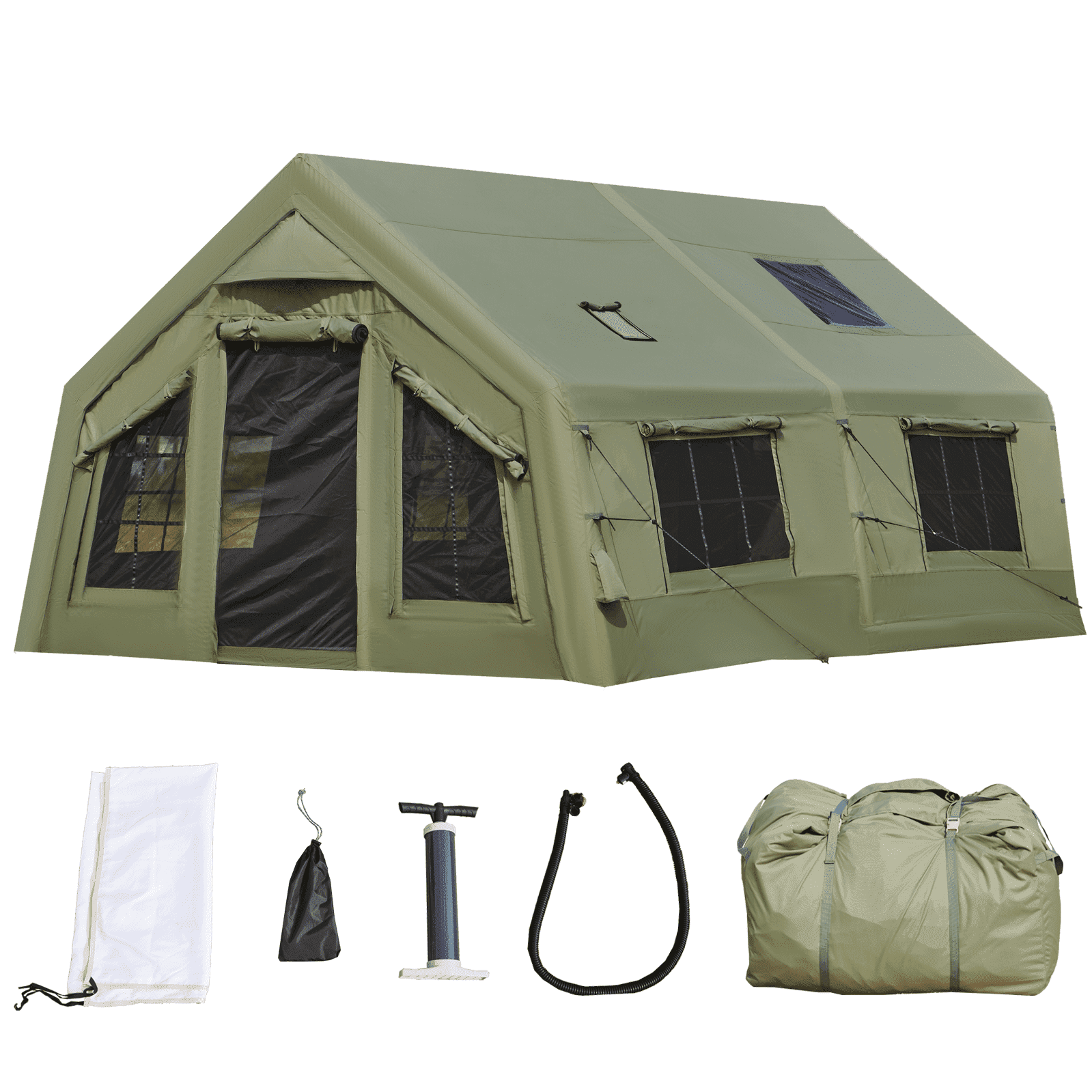 EROMMY 12'x16' Inflatable Tent, Large Blow Up Tent for Camping, 4 Season Waterproof 600D Oxford Glamping Tents with Clear Skylight, Pump & Stove Jack