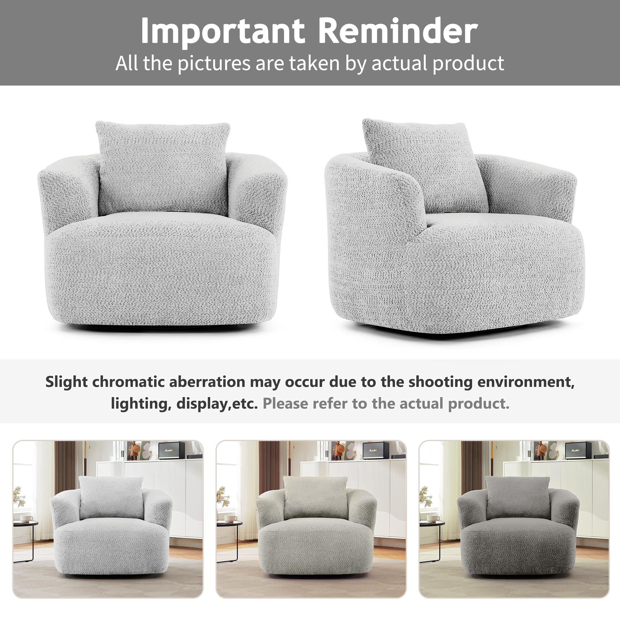 Euroco 360° Swivel Chair, 38.2" Accent Chair Sofa, Upholstered Swivel Barrel Sofa Chair with a Throw Pillow for Living Room, Bedroom, Office and Hotel, Light Grey