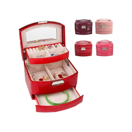 Leather Ring Box - Jewelry Box Girls Jewelry Ring Necklace Storage Boxes Display Organizer Leather Mirrored Mini Travel Case Lockable 3 Layers , 6.29
