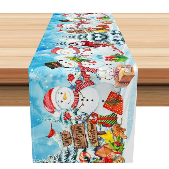 SUNOLIFE Christmas Snowman Table Runner Blue Winter Snow Kitchen Dining Table Decorations 13 x 72 Inch