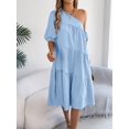 thumbnail image 6 of Women'S Boho One Shoulder Short Sleeve Smocked Ruffle Swing Midi Dress Light Blue L, 6 of 10