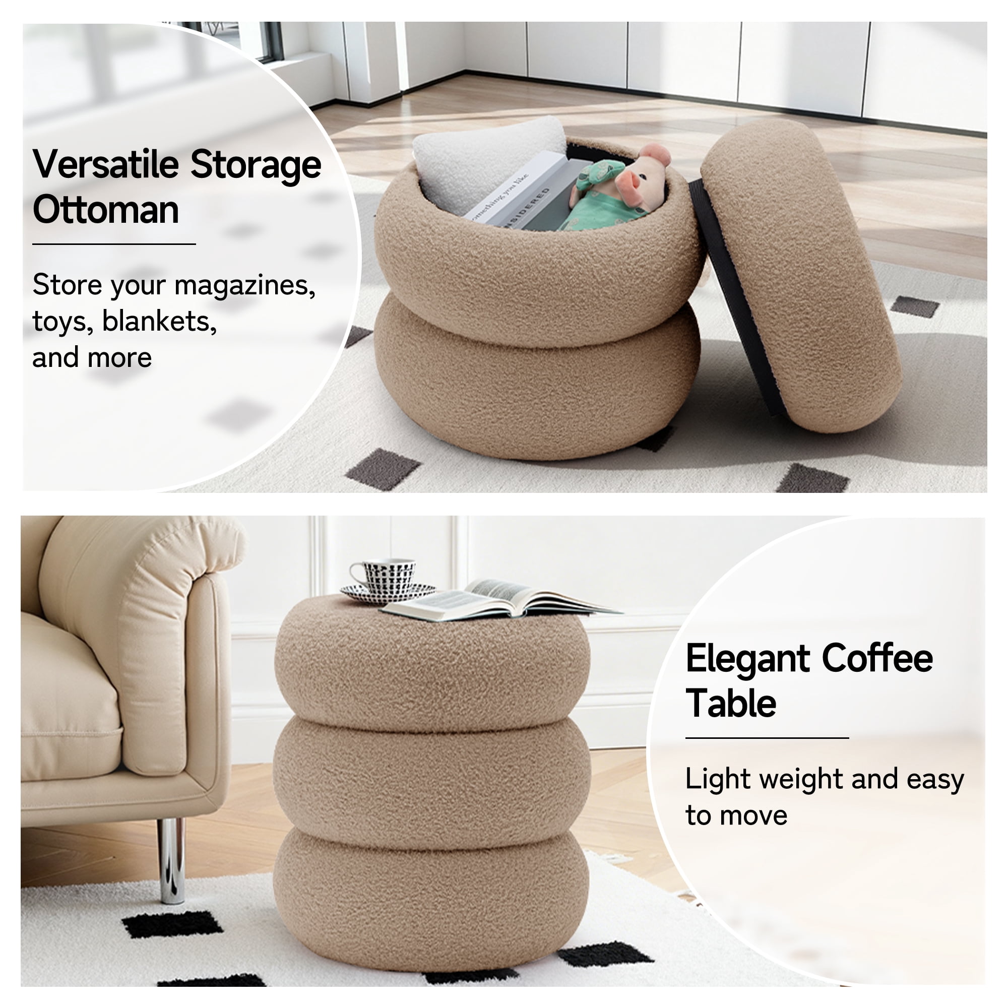 Korser Round Ottoman with Storage Set of 2,Upholstered Teddy Vanity Stool for Living Room,Bedroom,Khaki