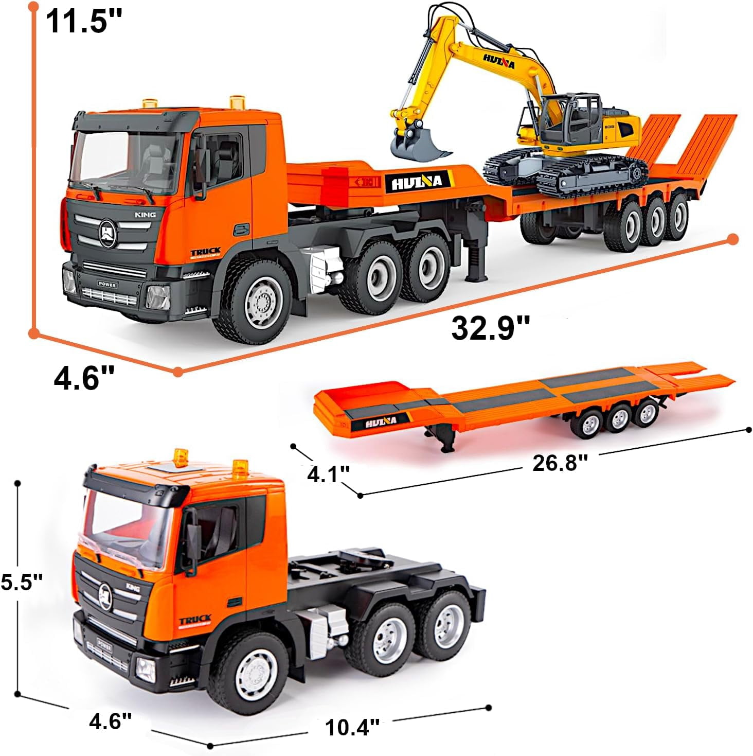 POCO DIVO 2-Set Alloy RC Truck Crawler Excavator 1/24, 9CH Semi-Trailer, 6CH Track Construction Engine Vehicle, Sound Lights Metal Visor Toy, 2.4G Radio Control Tractor Play, Kid Boy Gift