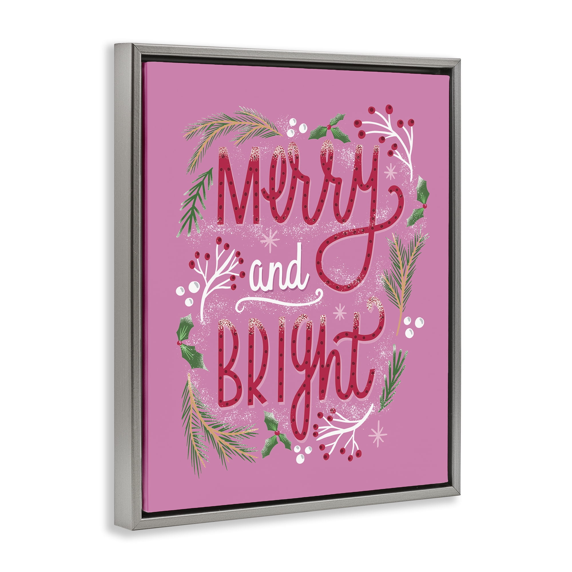 Stupell Industries Merry and Bright Pink Pine Holiday Painting Gray Floater Framed Canvas Art Prints Wall Art, 25 x 31