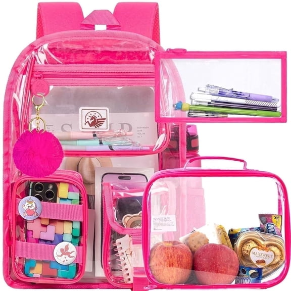 3Pcs Clear Backpack for Girls, School Transparent Bookbag for Women, Cute Heavy Duty See Through Backpacks for Teens Elementary (Rose)
