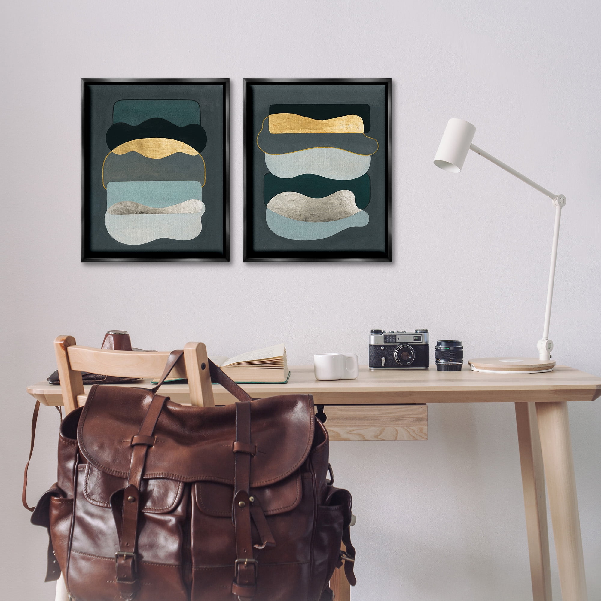 Stupell Industries Shapes with Glam Details Abstract Painting Black Floater Framed Canvas Art Print Wall Art, 17 x 21, Set of 2