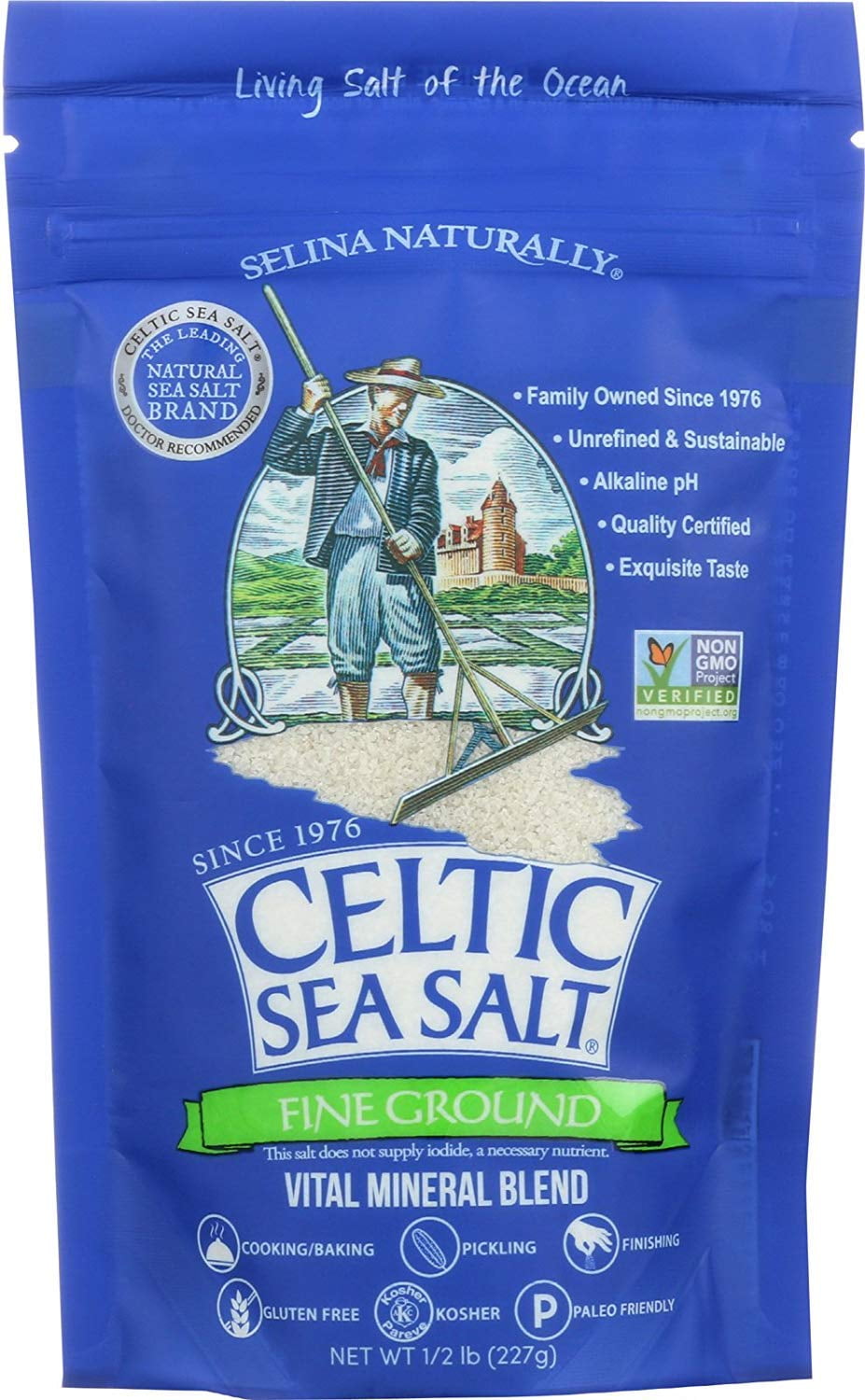 Selina Naturally Celtic Sea Salt Fine Ground Bagged 0.5 lb Pack of 2