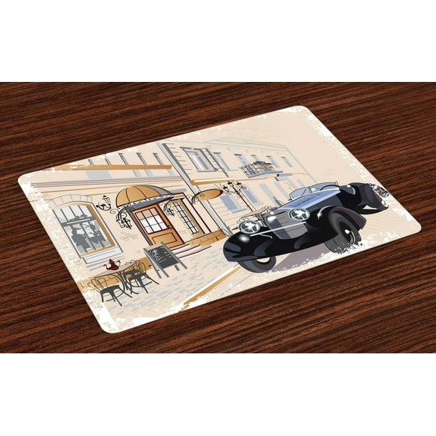 Vintage Placemats Set of 4 Hand Drawn Old School Car Parked in front of