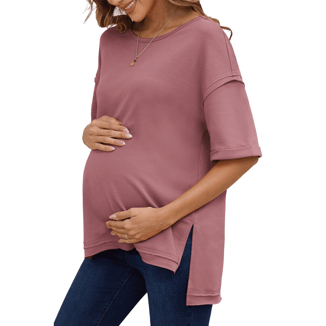Camiseta Holgada de Algodón de Color Liso con Cuello Redondo y Aberturas Laterales, Talla XXXL, Color Rosa