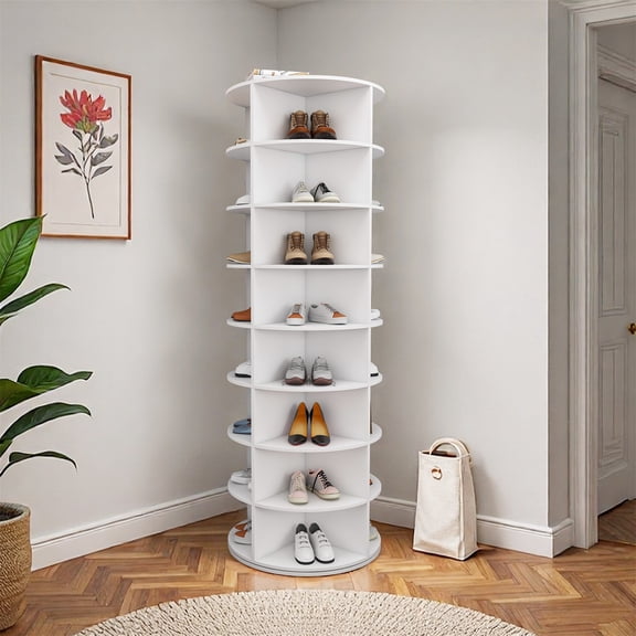 Hommoo 8-Tier Rotating Shoe Rack Tower, 360° Spinning Shoe Organizer for Closet or Entryway, Holds 32 Pairs, PVC Space-Saving Storage Solution, White