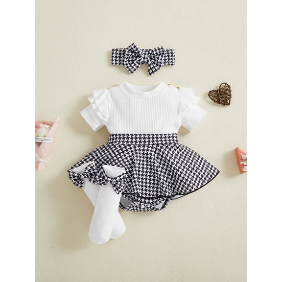 VeFlora Girl Fall Romper Dress Long Sleeve Romper Headband Socks Set Clothes