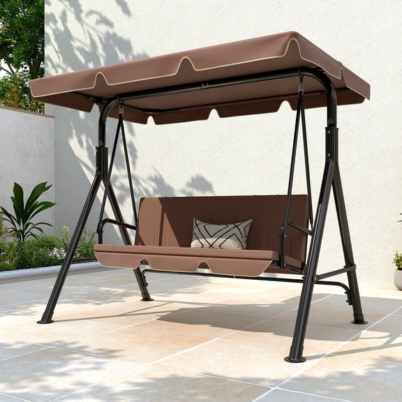 GARTOO 3 Seat Outdoor Patio Swing with Converting Canopy, Cushioned Steel Frame Porch Canopy Swing Chair, Swing Glider Hammock for Patio, Garden, Brown