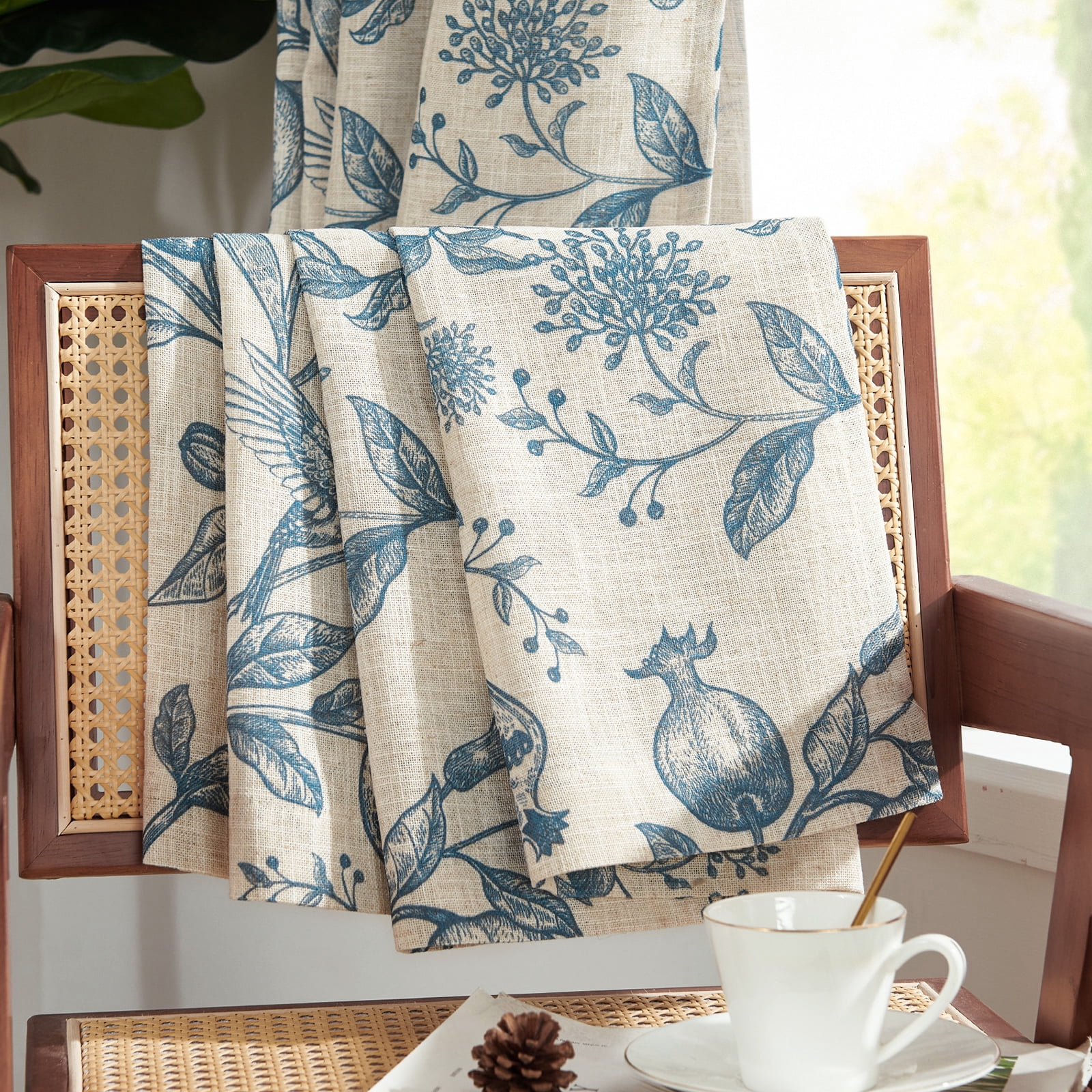 CURTAINKING Linen Curtains Floral Curtains for Living Room 84 Inch Long Blue French Curtains Back Tab Light Filtering Toile Print Farmhouse Bedroom Curtains Window Curtain Set 2 Panels