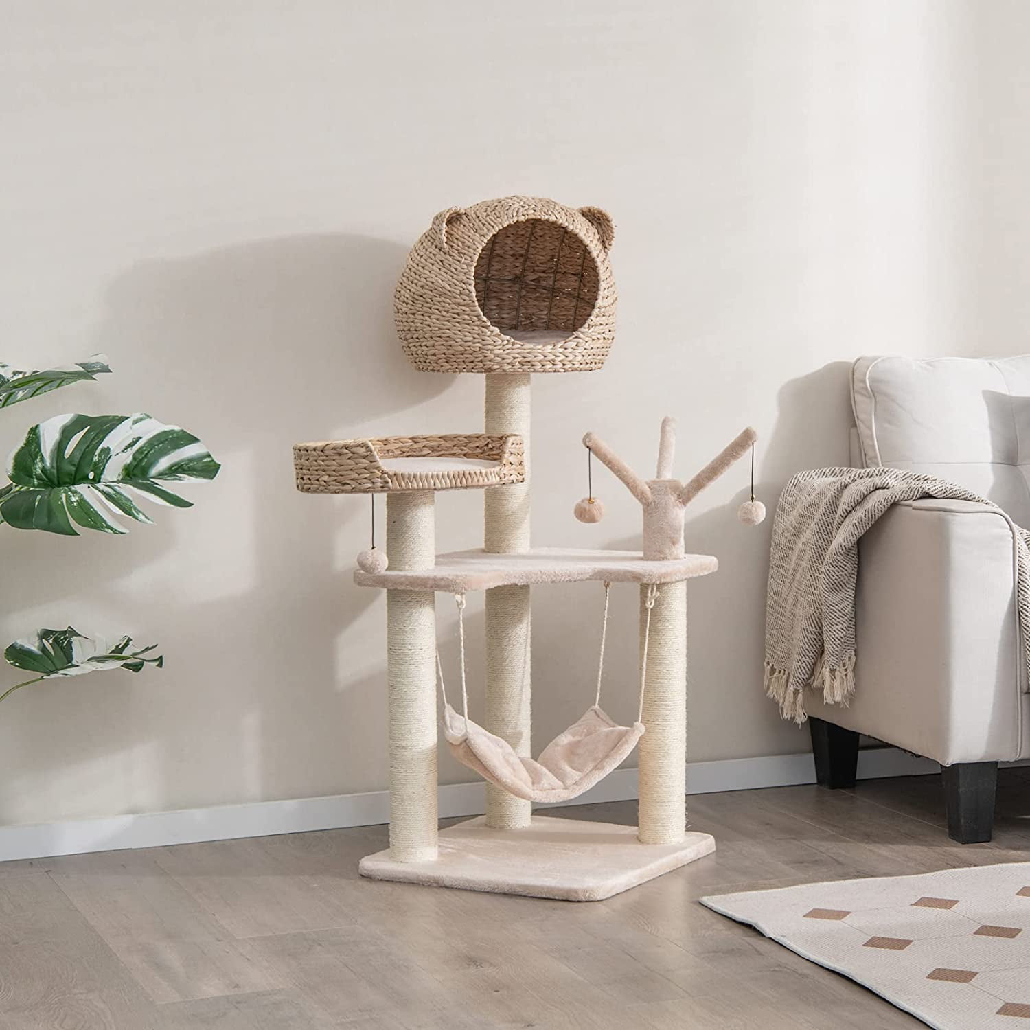 LEHOME Modern Cat Tree Tower, Multi-Level Tall Activity Center with Natural Sisal Scratching Posts, Hammock, Hand-Made Cattail Cute Condo with Funny Toy Balls