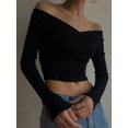 thumbnail image 6 of Women Off Shoulder Twist Front Long Sleeve Crop Top Solid Color Slim Fitted Casual Going Out Blouse, 6 of 11