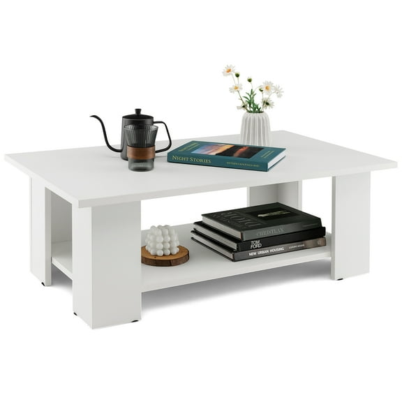 Costway Coffee Table 2-Tier Modern Center Cocktail Table W/Storage Shelf for Living Room White