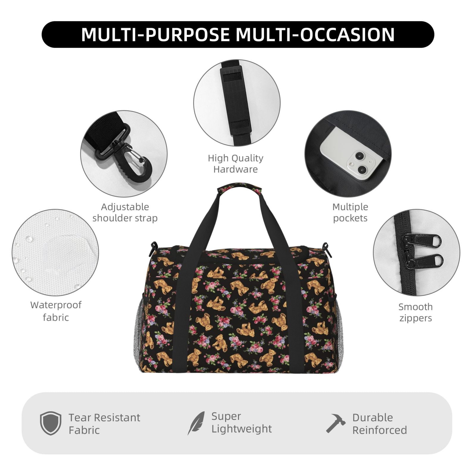 Fuzoiu Rose Flower Bear Print Travel Duffle Bag,Carry On Tote Bags,Duffel Bag,Sport Gym Bag, Hospital Bag for Labor and Delivery, Overnight Bag,Luggage Bag