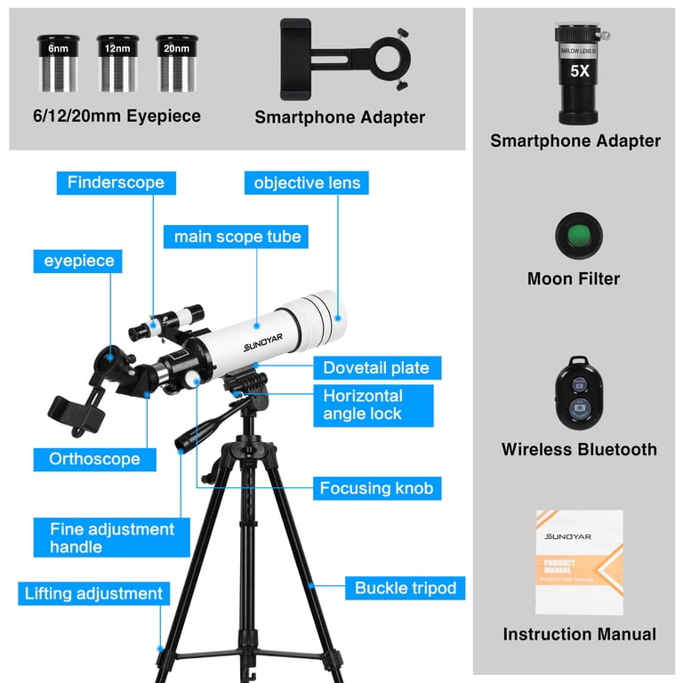 SUNOYAR 70mm Telescope, 400mm Refractor, 3 Eyepieces, 5X Barlow