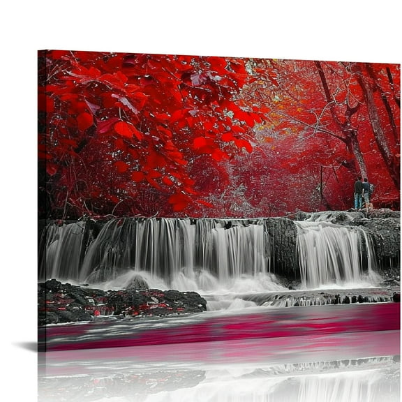 COMIO Home Wall Art Décor of Wide Waterfall and Red Leaves,Maple Leaves Canvas Prints Pictures Painting Artwork,Beautiful Black White and Red Landscape Paintings