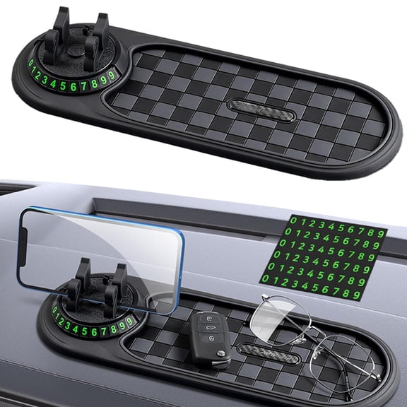 Car Anti Slip Mat Phone Holder, Multi-Functional Support Anti-Slip Pad, Multifunction Car Anti-Slip Mat for Dashboard, 360° Rotatable, with Temporary Parking Number (Black)