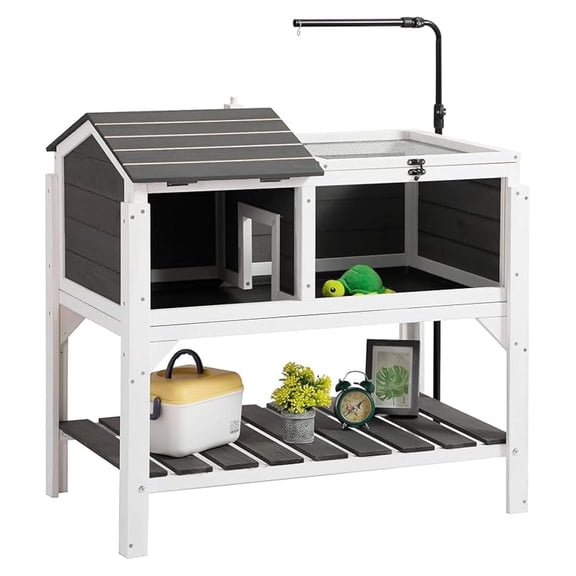 Tortoise Habitat with Lamp Holder and Storage Shelf, Tortoise Enclosure Indoor Outdoor with Detachable Legs, Wooden Turtle House Reptile Cage with Tray for Small Animals