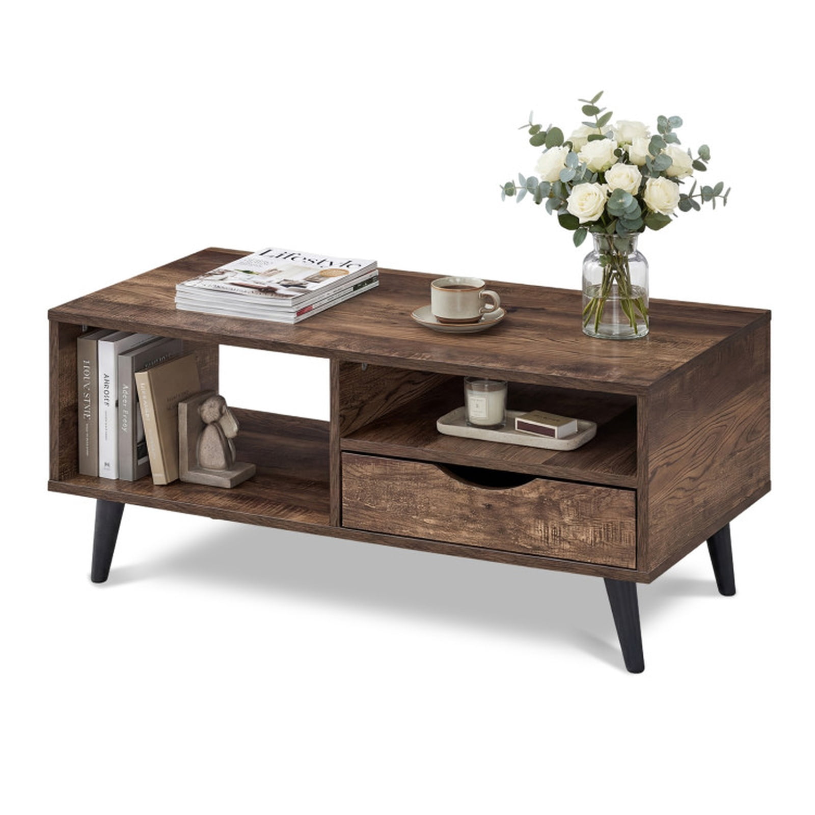 Furnibear Coffee Table with Storage Rustic Rectangle Center Table - Walnut - Living Room Cocktail Center Table
