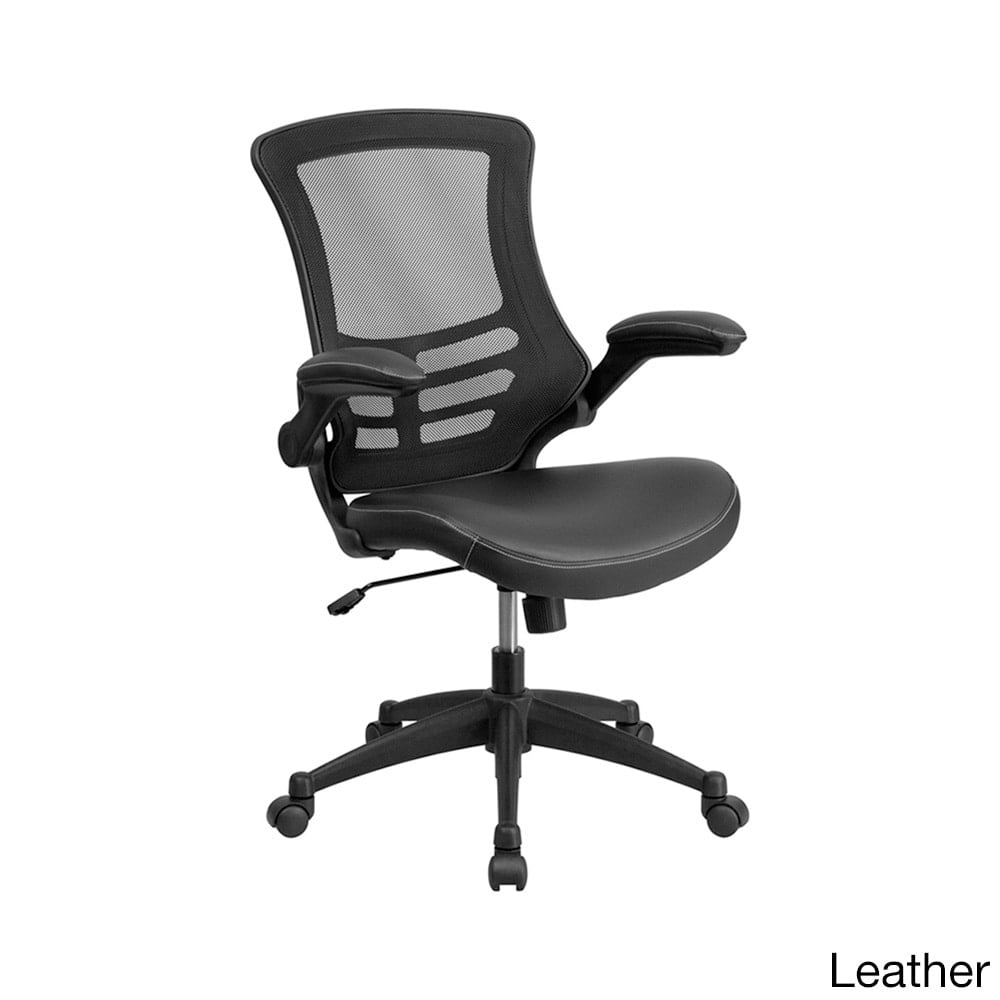 Mid-back Black Mesh Swivel Task Chair With Leather Padded Seat And Flip-up Arms 