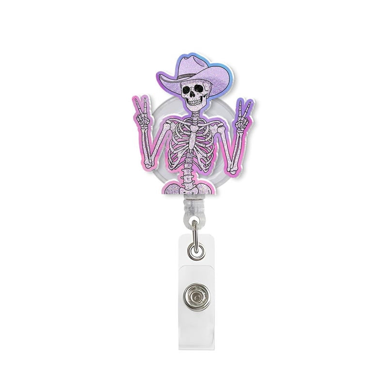 ViciArt Skeleton Cowboy Badge Reel, Acrylic Retractable ID Holder, Purple Glitter Howdy Nurse Clip