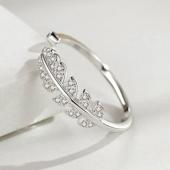 Women's 925 Sterling Silver Ring with Zircon Sweet Leaf Feather Design for Index Finger or as a Fashion Jewelry Gift for Her
