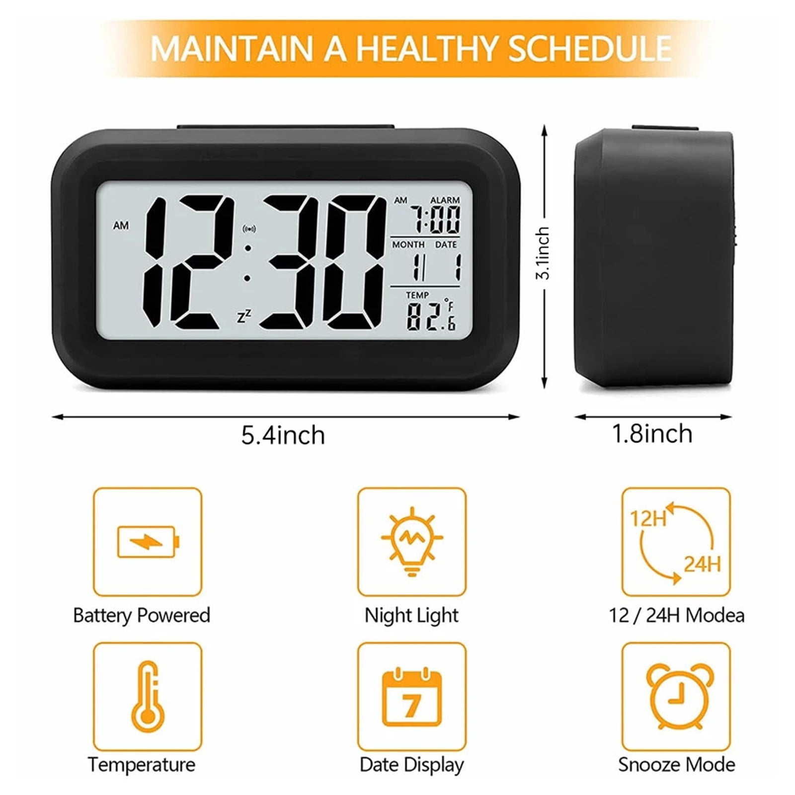 Alarm Clock LED Digital Display Calendar Temperature Backlight Mute Function Table Clock for Home Oiffce 12/24 H Desktop Clock