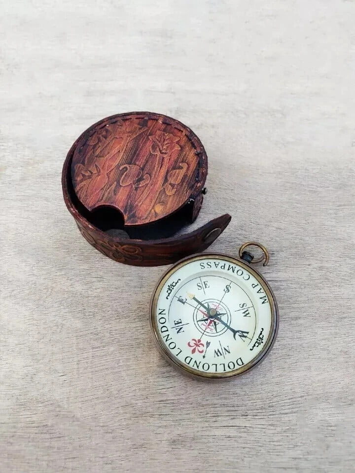 Nautical Brass Compass Vintage Map Direction Pocket Compass With case