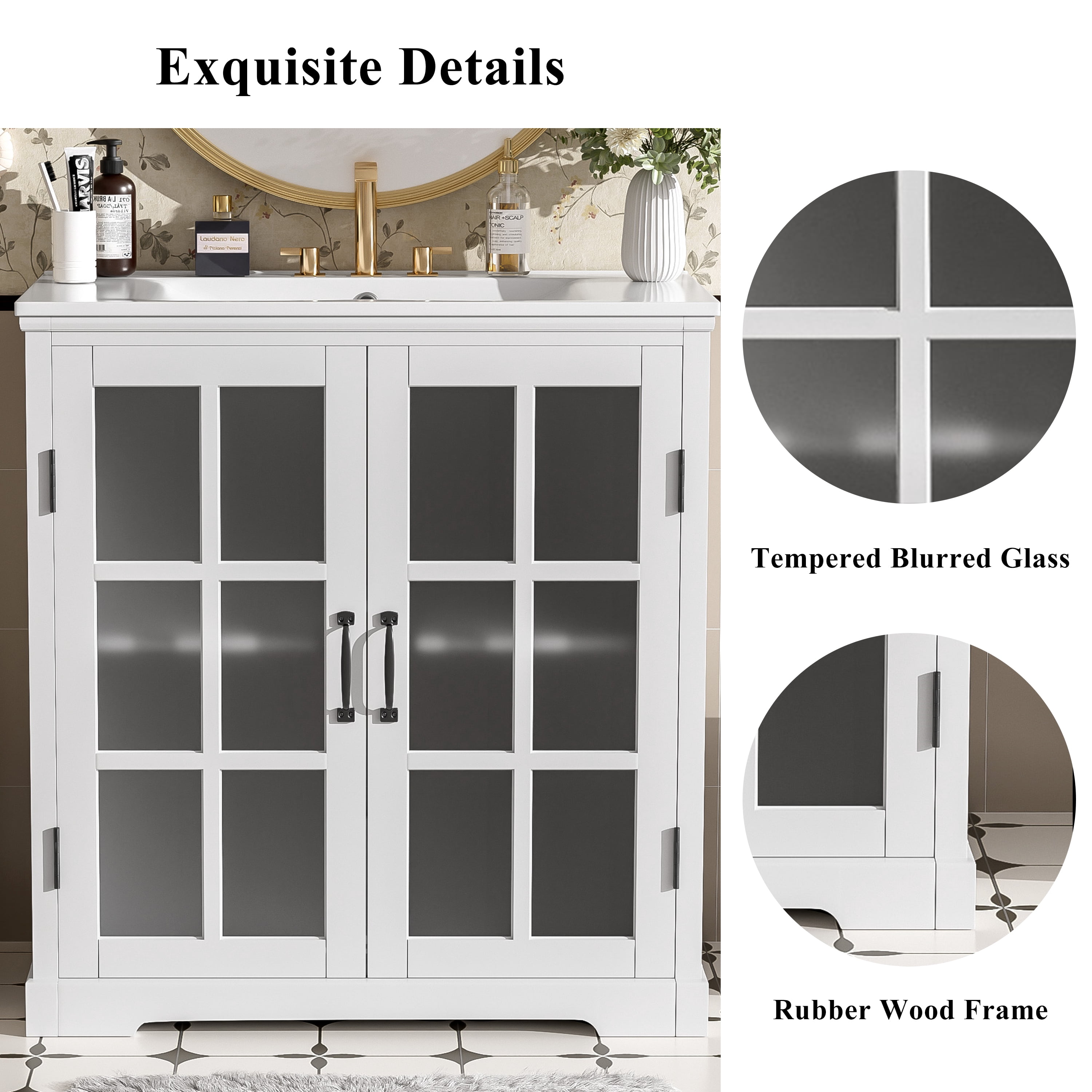 Euroco 30" Modern Bathroom Vanity with Ceramic Sink, Tempered Blurred Glass Doors, Adjustable Shelf & Matte Hardware – Rubber Wood Frame, Widespread Faucet Compatible