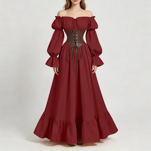 KICILVS Renaissance Dress Women Solid Color Off Shoulder Long Puff Sleeve Dress Corset Lace Up Waist Ruffled Hem Maxi Party Gown Purple