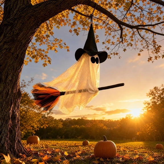 2.3 FT DIY Hanging Swing Ghost Halloween Decor, Light-Up Flying Ghost on Broomstick with Witch Hat, Spooky Cute Outdoor Halloween Decorations with Remote Light for Front Porch Yard Tree(A)