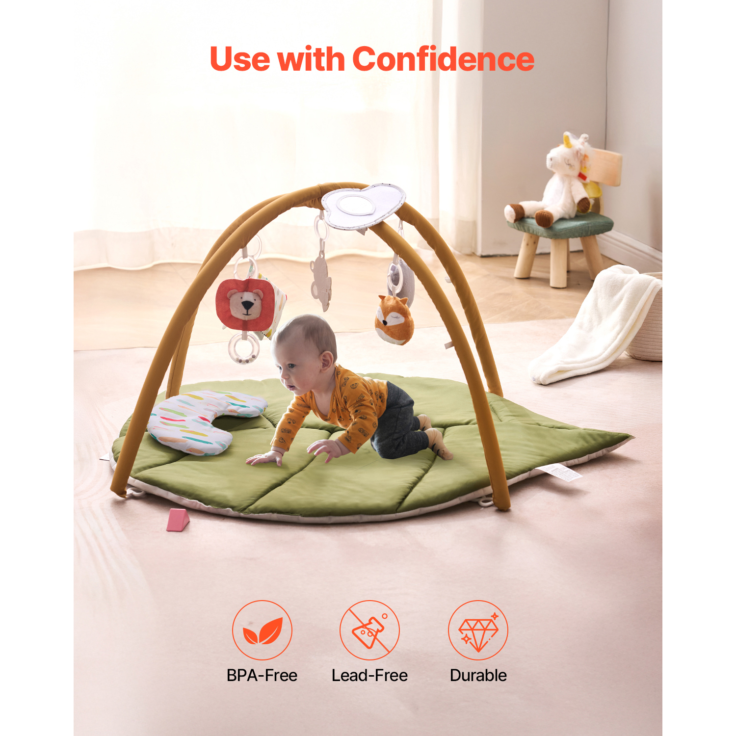 KFFKFF Baby Play Gym Mat with Sensory Toys, Large Leaf-Shaped Tummy Time Mat for Newborns and Infants, Ideal for Ages 0-18 Months, Supports Motor Skills and Early Cognitive Growth