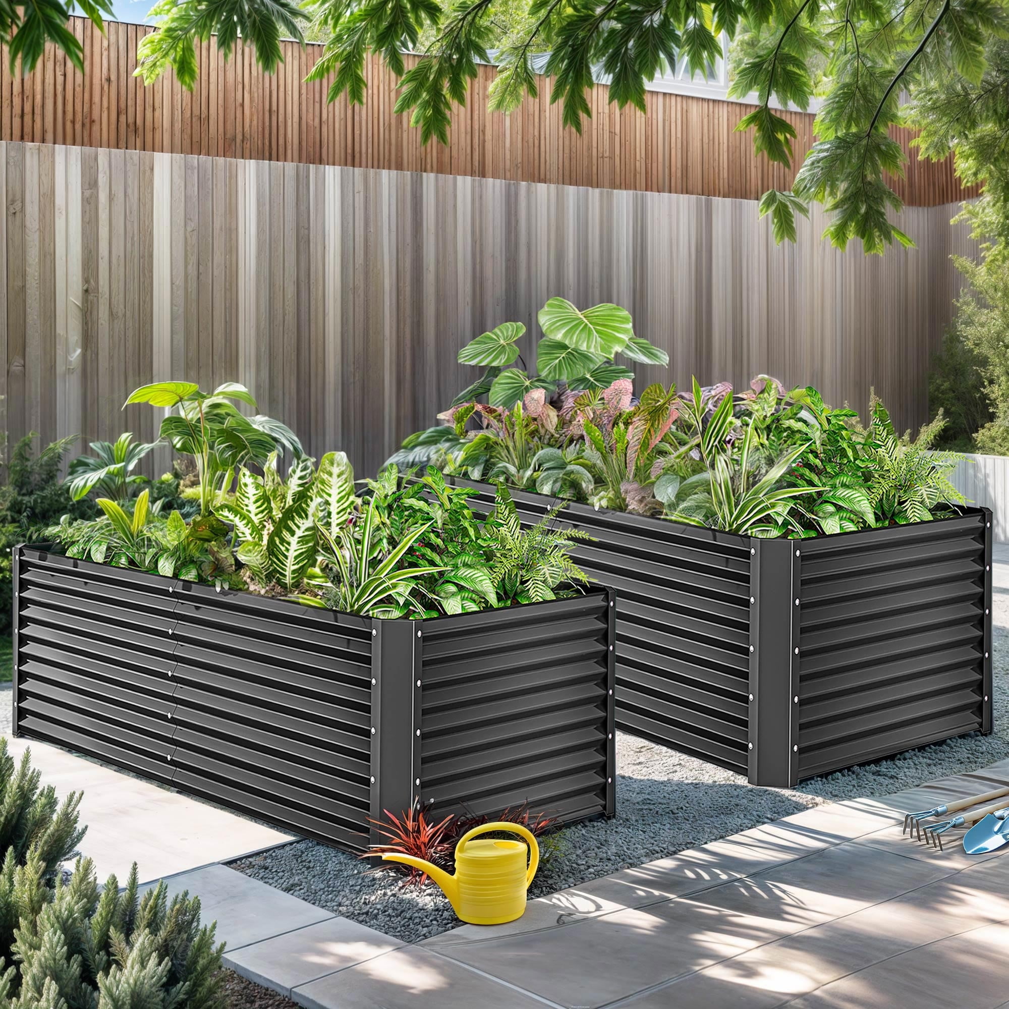 ModFusion 2 Pack 8x4x2 Ft High Metal Galvanized Raised Garden Bed Kit with Support Rod, Corner Panel Protection, Above Ground Planter Box, Large Gardening Pot, Dark Gray