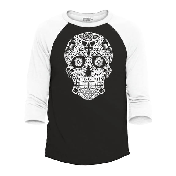 Shop4Ever Men's Day of the Dead White Skull Calavera Skeleton Raglan Baseball Shirt XX-Large Black/White