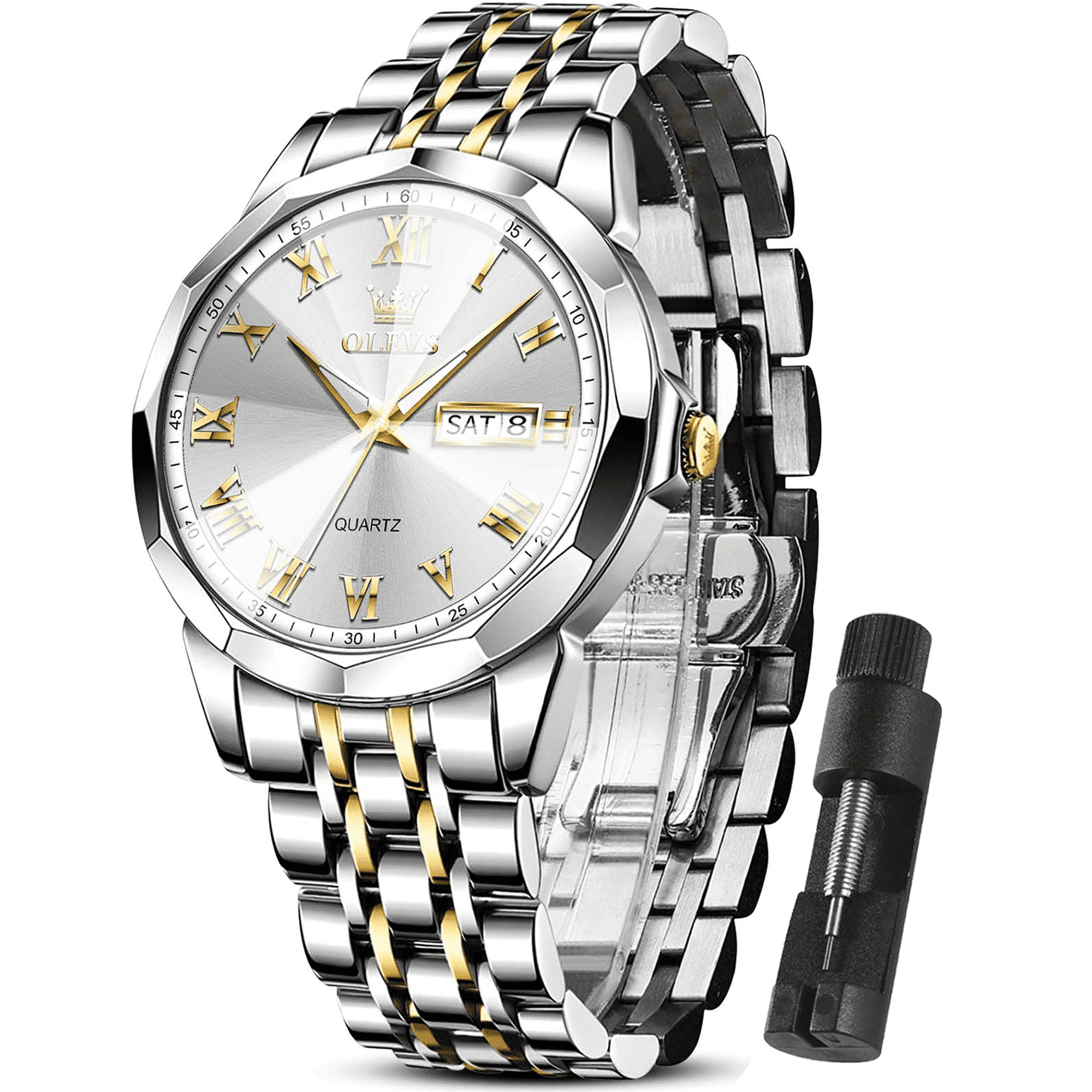Montre Homme Bracelet Acier Doré Cadran Blanc Quartz - Style Casual, Avec Date