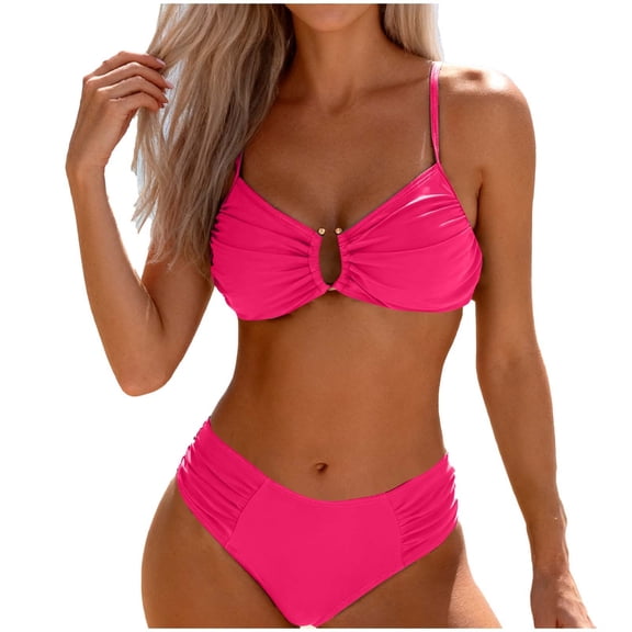 Hduncf Women's Ruched Bikini Sets U-Wire Linked Two Piece Swimsuit Mid Waist Summer Beach Vacation Swim Bathing Suit Pink L