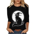 thumbnail image 2 of Tops for Women 3/4 Sleeve Cat Halloween Printed Round Neck Loose T-shirt 7-Black S, 2 of 5