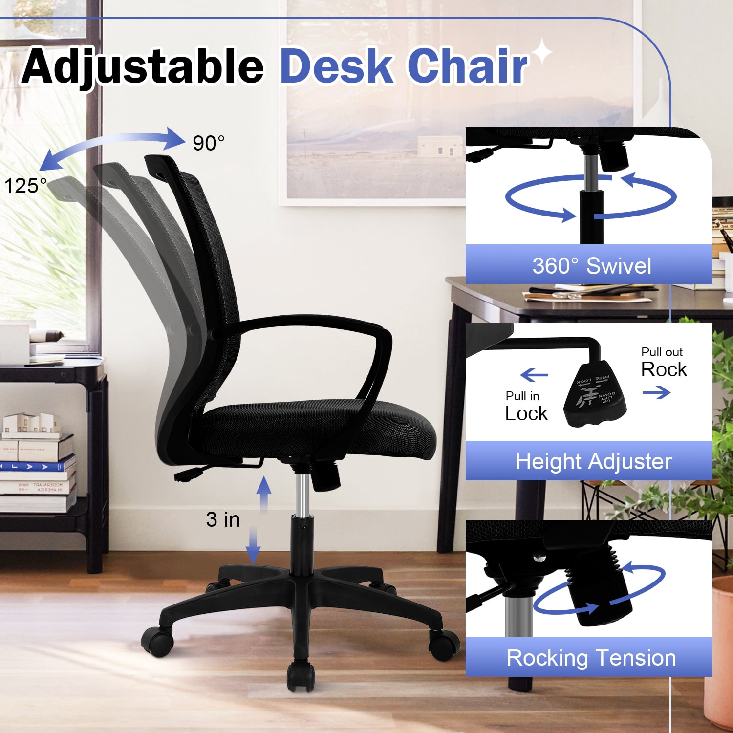 Mid-Back Office Chair, Ergonomic Computer Chair Adjustable Desk Chair with Armrest, Rolling Swivel Chair for Home&Office, Easy to Assemble, Black