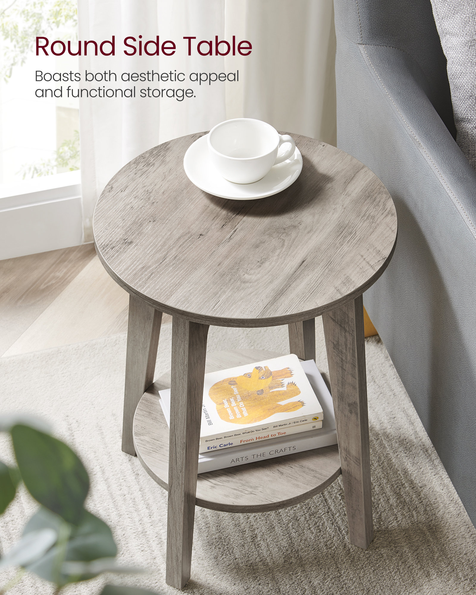 Round Side Table with Lower Shelf End Table for Small Spaces Nightstand Living Room Greige