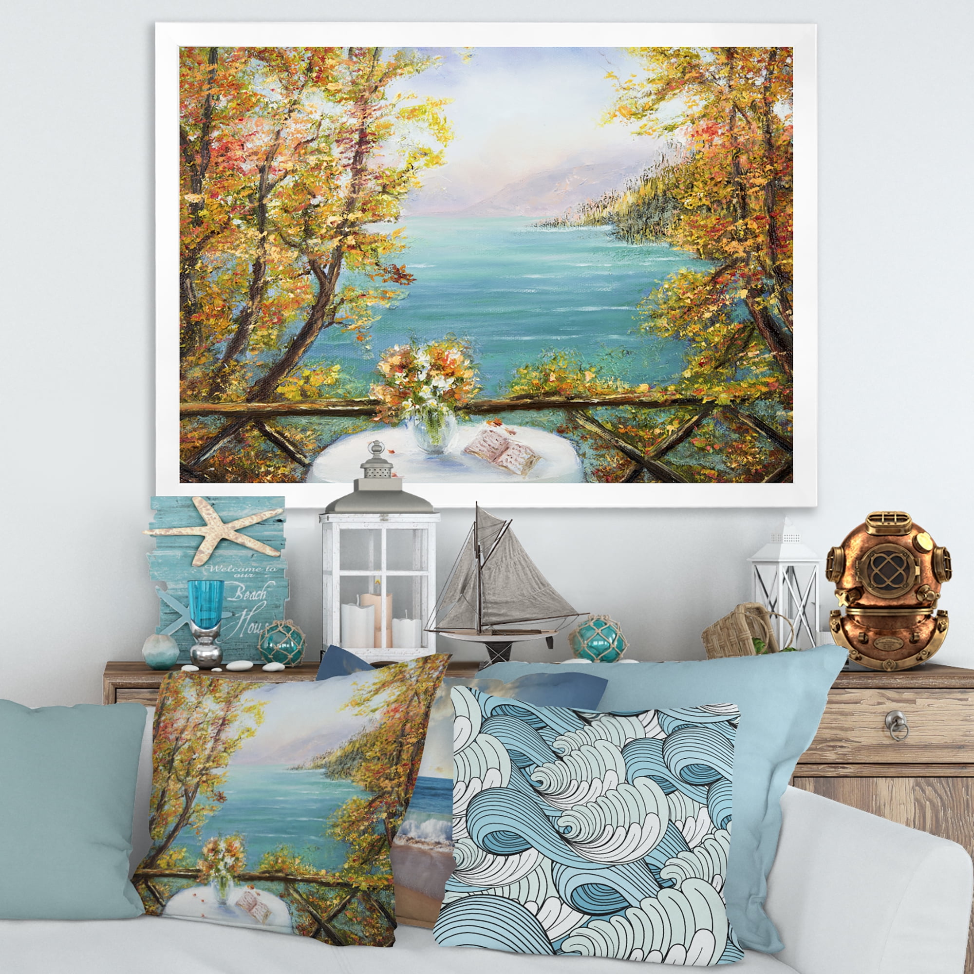 Designart 'The Blue Ocean View From Terrace' Nautical & Coastal Framed Art Print