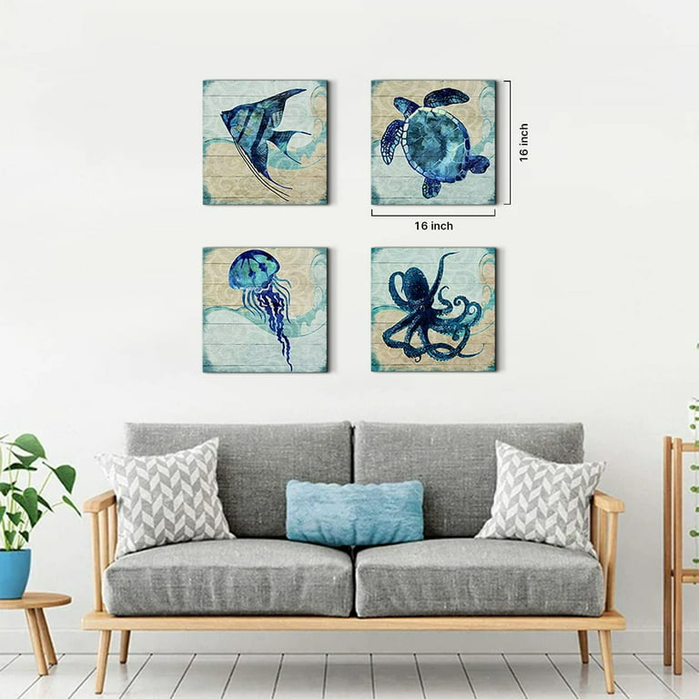 Navy Blue Wall Art Bathroom Decor Fish Pictures Kids Wall Art Beach Themed  Sea Turtle Bedroom Painting Boho Ocean Decor Jellyfish Canvas Posters for  Baby Nursery Artwork Home Decorations 12x12 4 Pcs 