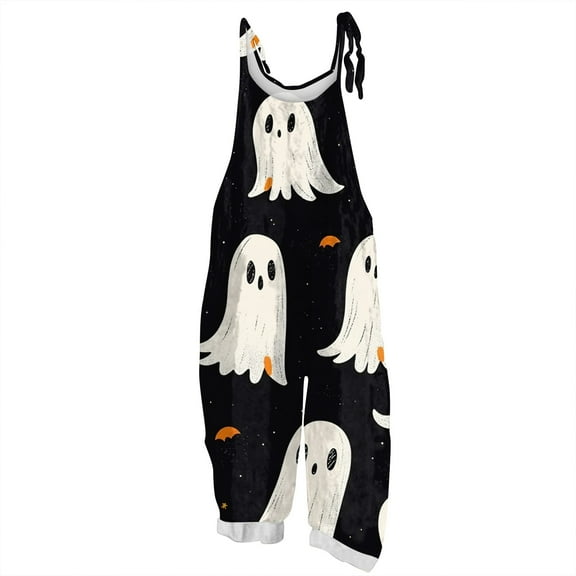 WTOBBY Women's Retro Casual Jumpsuit featuring Halloween Print, Loose Fit with Suspenders in Cotton and Linen, Perfect for Comfortable Outfits Year-Round,BlackL