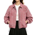 thumbnail image 5 of Aswuknt Womens Checkered Plaid Bomber Jacket Zip Front Lightweight Casual Jacket Long Sleeve Collared Fall Outerwear With Pockets, 5 of 9