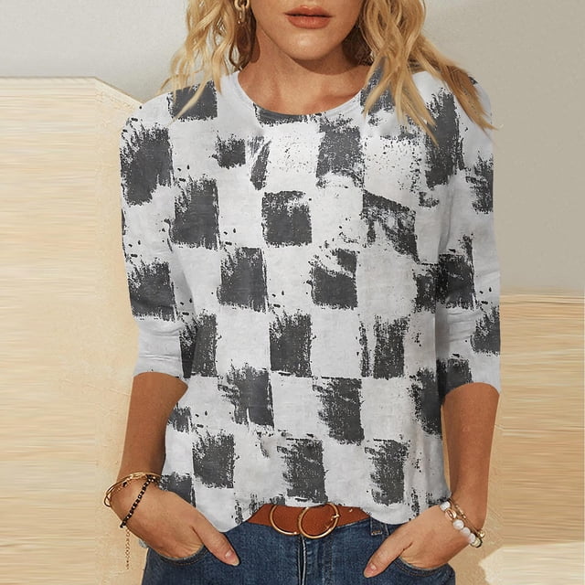 Jusqu'à 30 % de Réduction DYTTDG T-shirt Grande Taille pour Femmes Manches 3/4 Hauts Imprimés Col Rond Blouse Décontractée Ample Hauts pour Femmes