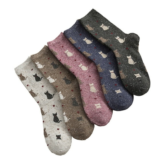 ELAYARD 5 Pairs Vintage Wool Cat Socks for Girls Comfortable Warm Breathable Mid-calf Stockings Autumn Winter
