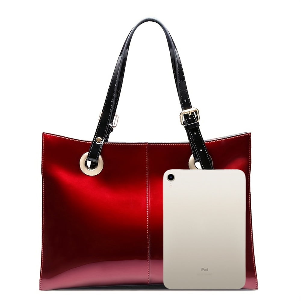 Feimina Patent Leather Shoulder Bag For Women,Genuine Shiny Large Leather Bag,Designer Luxury Handbags Women ,Wine Red Tote Purse, Large Capacity