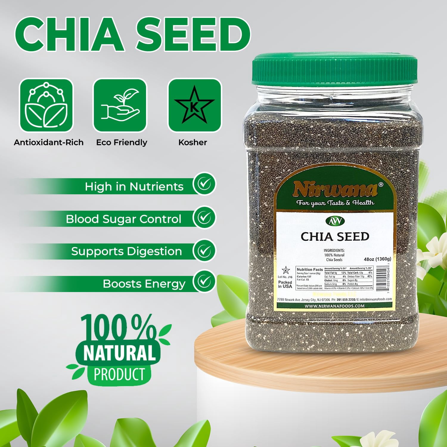 Chia Seeds – Fiber & Protein – Perfect for Smoothies, Oatmeal, Pudding, and Baking – 48 oz Jar